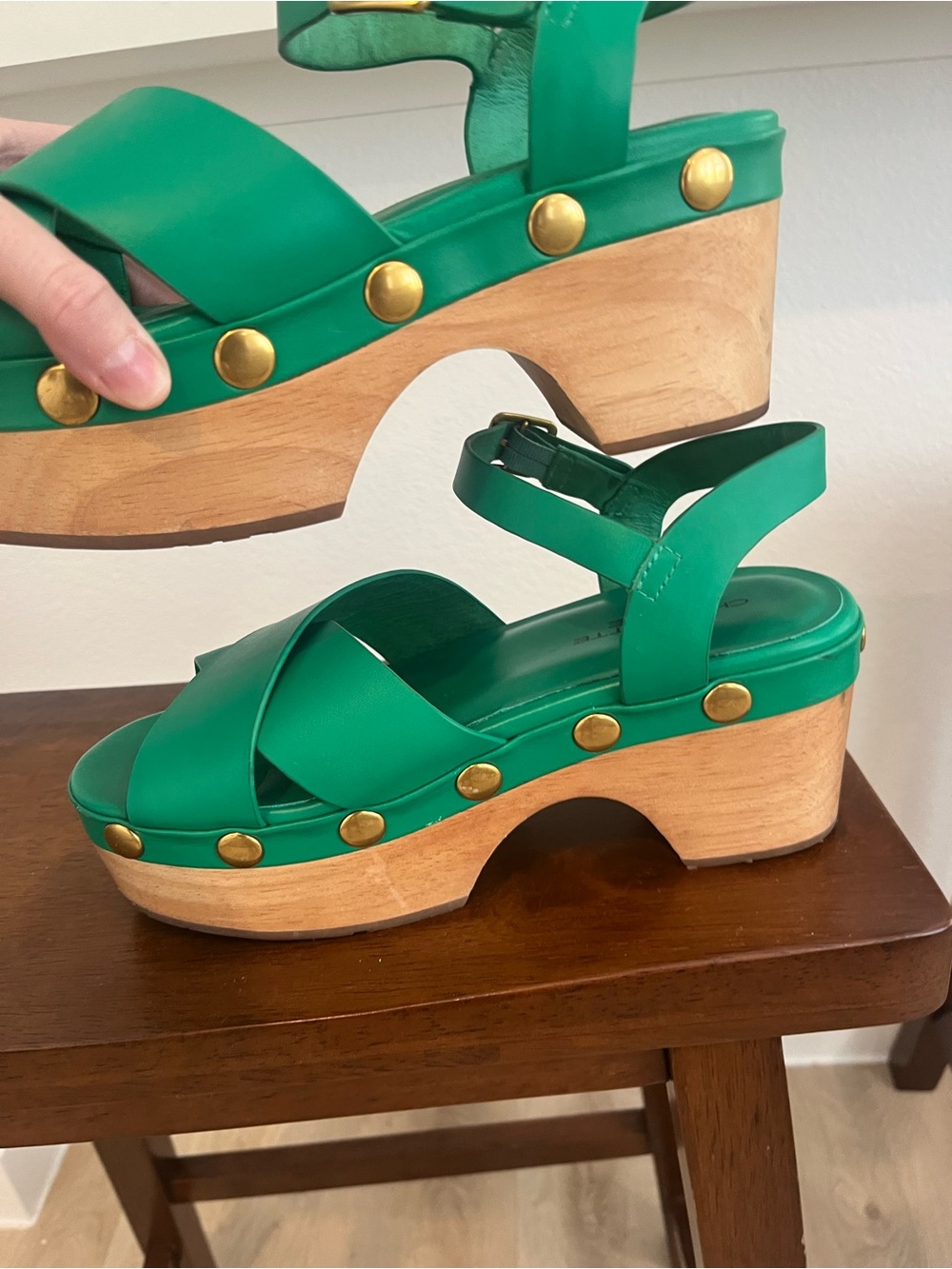 Charlotte Stone Dermot Studded Strappy green Leather Wood Platform Clogs Size 9